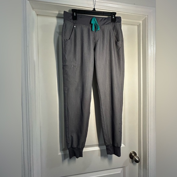 Figs Pants - FIGS Gray Scrub Pants with teal drawstring